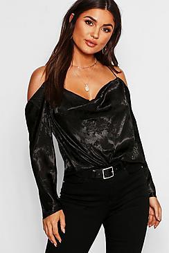 Boohoo Floral Jacquard Cold Shoulder Blouse