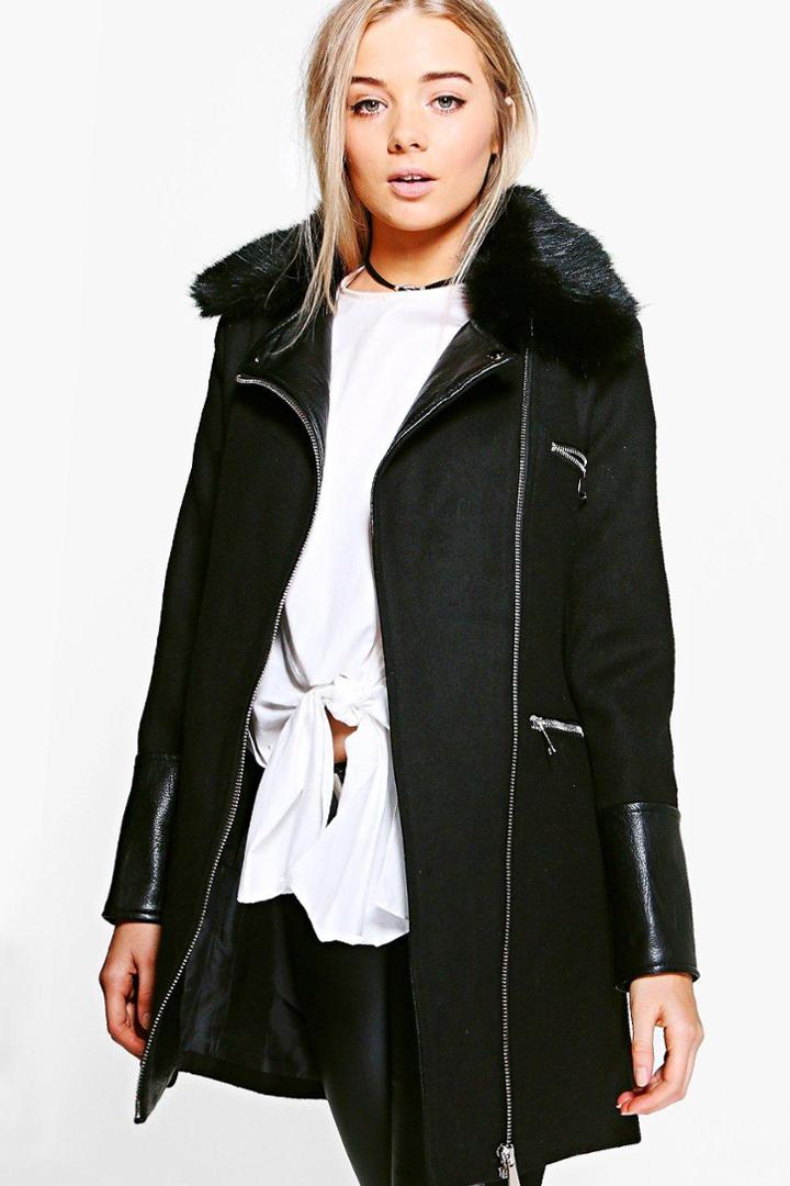 Boohoo Freya Faux Fur Trim Biker Coat Black