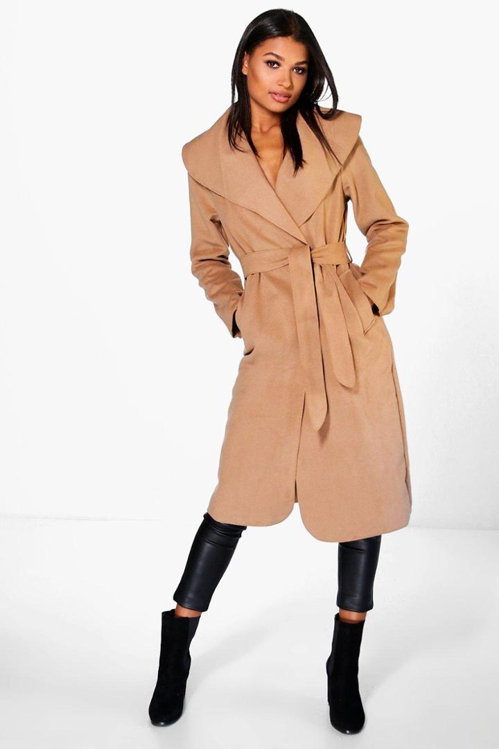 Boohoo Kate Belted Shawl Collar Coat Camel