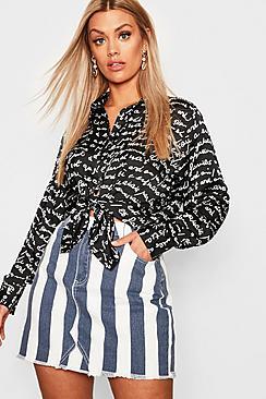 Boohoo Plus Satin Conversational Print Shirt