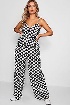Boohoo Plus Strappy Spot Peplum Jumpsuit
