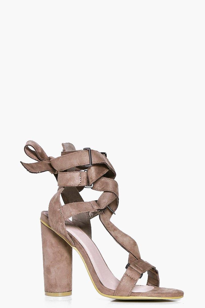 Boohoo Ellie Ribbon Wrap Detail Cylinder Heels Mocha