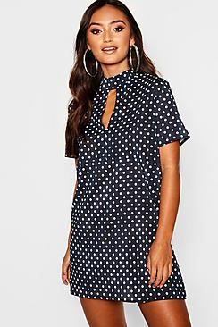 Boohoo Petite Polka Dot High Neck Shift Dress