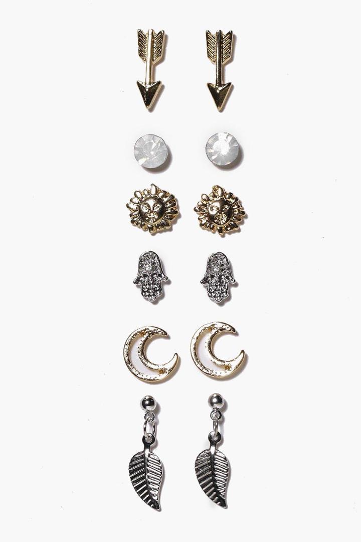 Boohoo Isla Arrow And Moon Mixed Stud Earring Set Multi