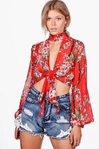 Boohoo Petite Emma Printed Tie Front Choker Top