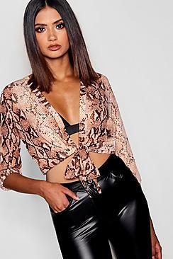 Boohoo Tall Snake Print Tie Front Shirt