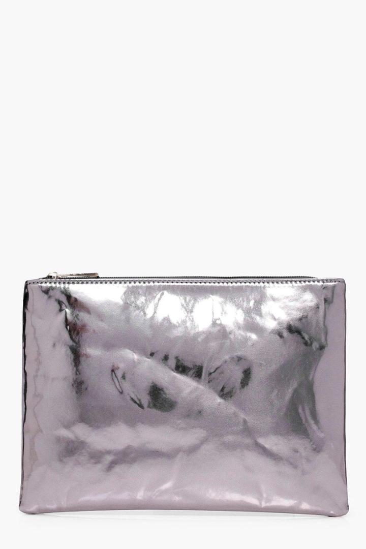 Boohoo Mollie High Shine Zip Top Clutch Bag Pewter