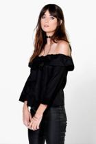 Boohoo Amanda Button Through Bow Detail Bardot Top Black