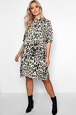 Boohoo Plus Leopard High Neck Shift Dress