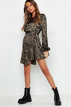 Boohoo Rouched Sleeve Step Hem Leopard Print Mini Dress