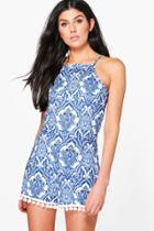 Boohoo Sarah Blue Paisley Print Pom Trim Playsuit Blue