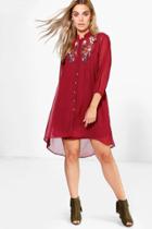 Boohoo Plus Mindy Embroidered Shirt Dress Wine