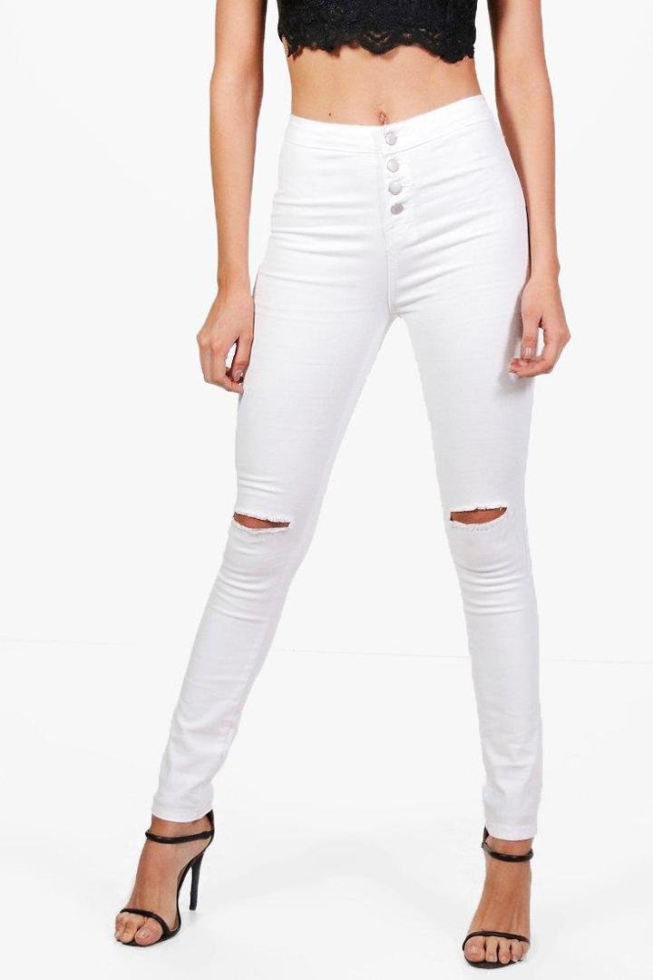 Boohoo Veanne High Waisted Button Fly Skinny Jeans White
