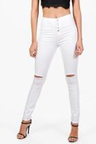 Boohoo Veanne High Waisted Button Fly Skinny Jeans White