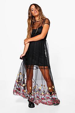 Boohoo Petite Sarah Embroidered Hem Mesh Maxi Dress