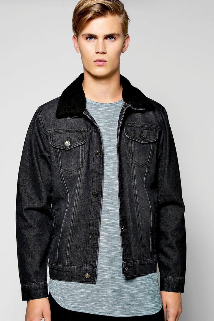Boohoo Borg Collar Washed Black  Jean Jacket Black