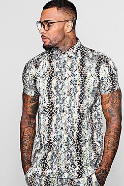 Boohoo Snake Skin Print Short Sleeve Satin Shirt Co-ord