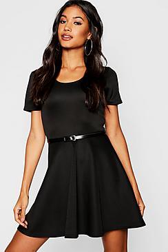 Boohoo Short Sleeve Belted Skater Dress