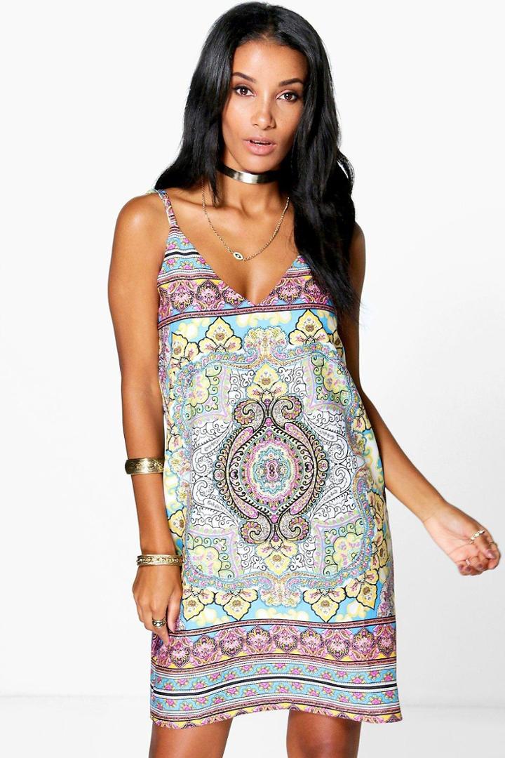 Boohoo Geraldine Woven Strappy Print Dress Turquoise