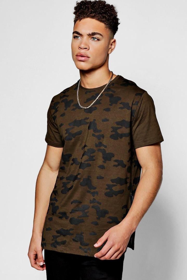 Boohoo Camo T Shirt With Rib Panel & Scoop Hem Olive