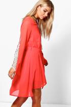 Boohoo Rosie Crochet Trim Belted Dress Coral