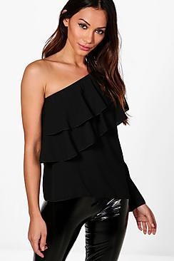 Boohoo Petite Asymmetric Woven Ruffle Top