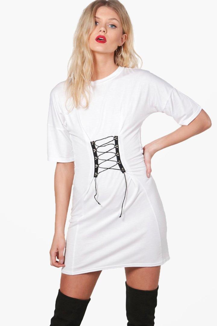 Boohoo Petite Poppy Waist Trim Detail T-shirt Dress Ivory