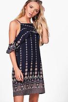 Boohoo Di Paisley Ruffle Cold Shoulder Swing Dress