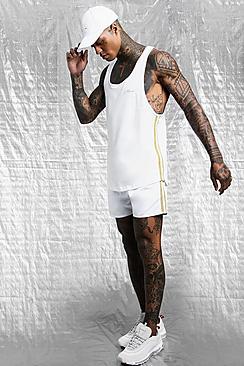 Boohoo White & Gold Man Racer Vest & Swim Short With Tape