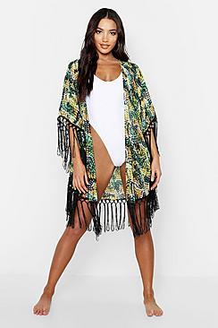 Boohoo Tropical Fringed Beach Kimono