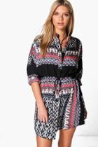 Boohoo Emily Tile Print Tie Waist Shirt Dress Multi