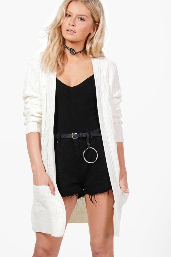 Boohoo Hannah Contrast Cable & Waffle Knit Cardigan Cream