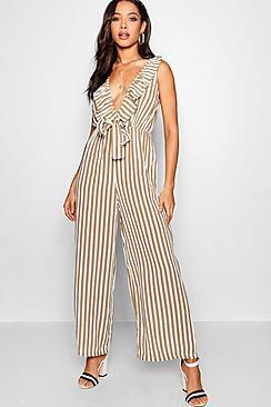 Boohoo Stripe Plunge Ruffle Tie Front Jumpsuit