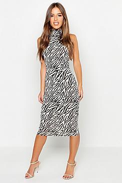 Boohoo Petite Zebra Print Sliny High Neck Dress