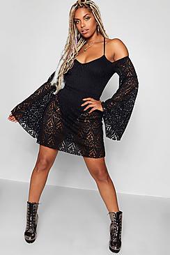 Boohoo Fliss Lace Flared Sleeve Halterneck Skater Dress
