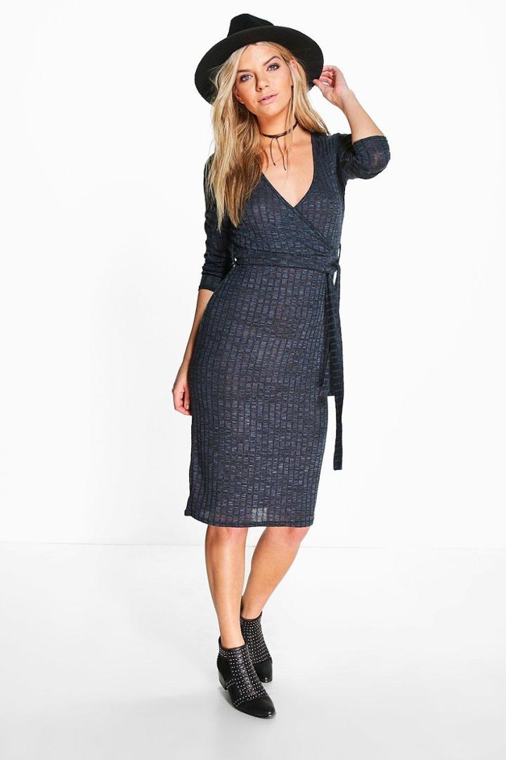 Boohoo Kat Ribbed Bow Front Wrap Dress Black