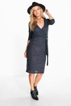 Boohoo Kat Ribbed Bow Front Wrap Dress Black