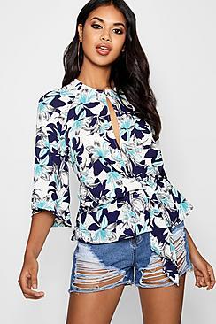 Boohoo Abbey Tie Front Peplum Split Back Top