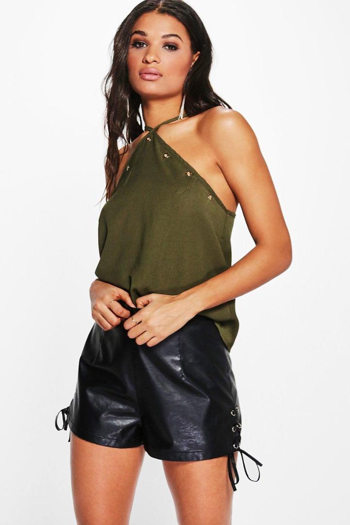 Boohoo Ella Eyelet Trim Strap Detail Top Khaki