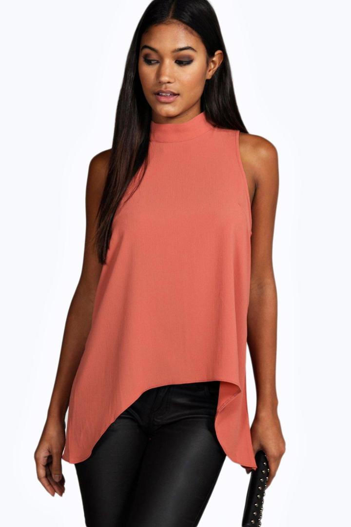 Boohoo Laura Woven High Neck Swing Top Mink