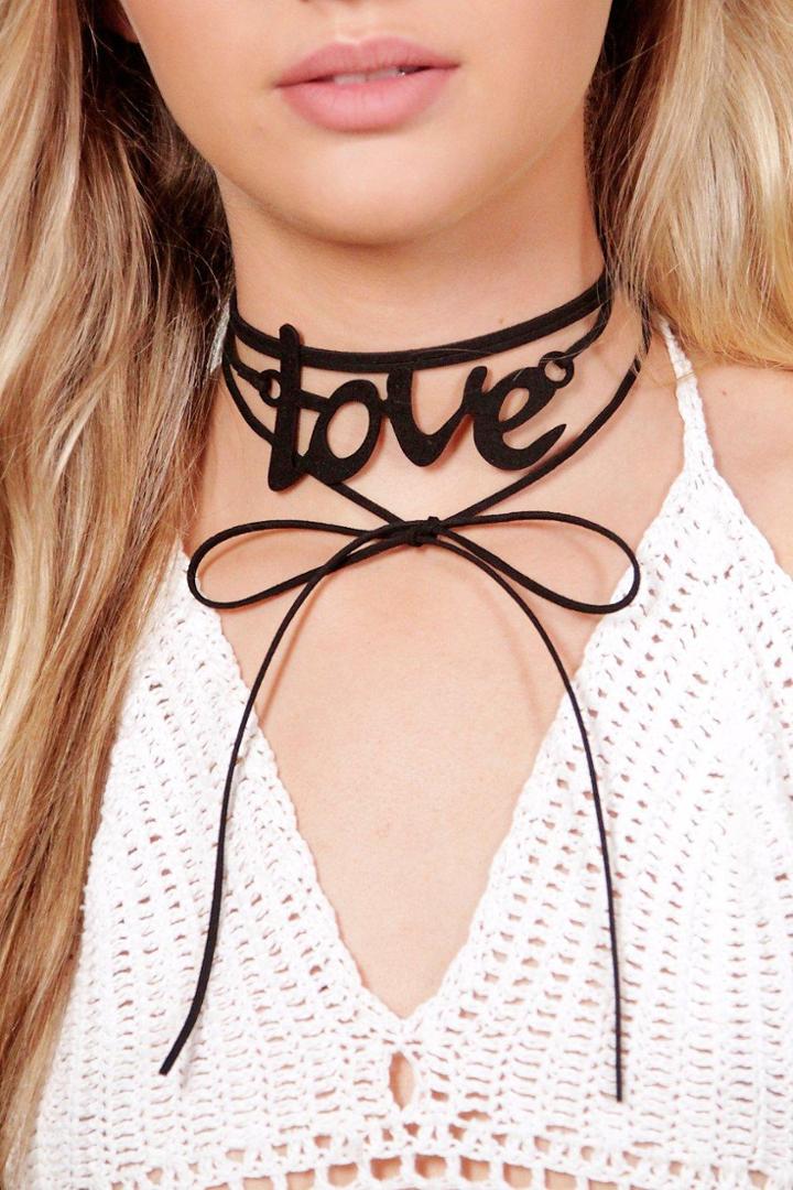 Boohoo Martha Love Slogan Suedette Tie Cord Choker Black