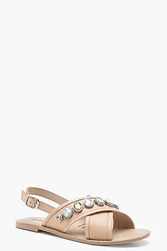 Boohoo Embellished Cross Strap Leather Sandals