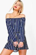 Boohoo Helena Striped Off The Shoulder Playsuit