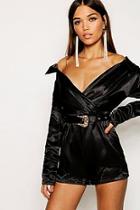 Boohoo Satin Bardot Western Belt Playsuit