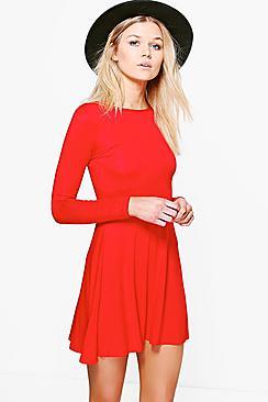 Boohoo Petite Harriet Basic Long Sleeve Skater Dress