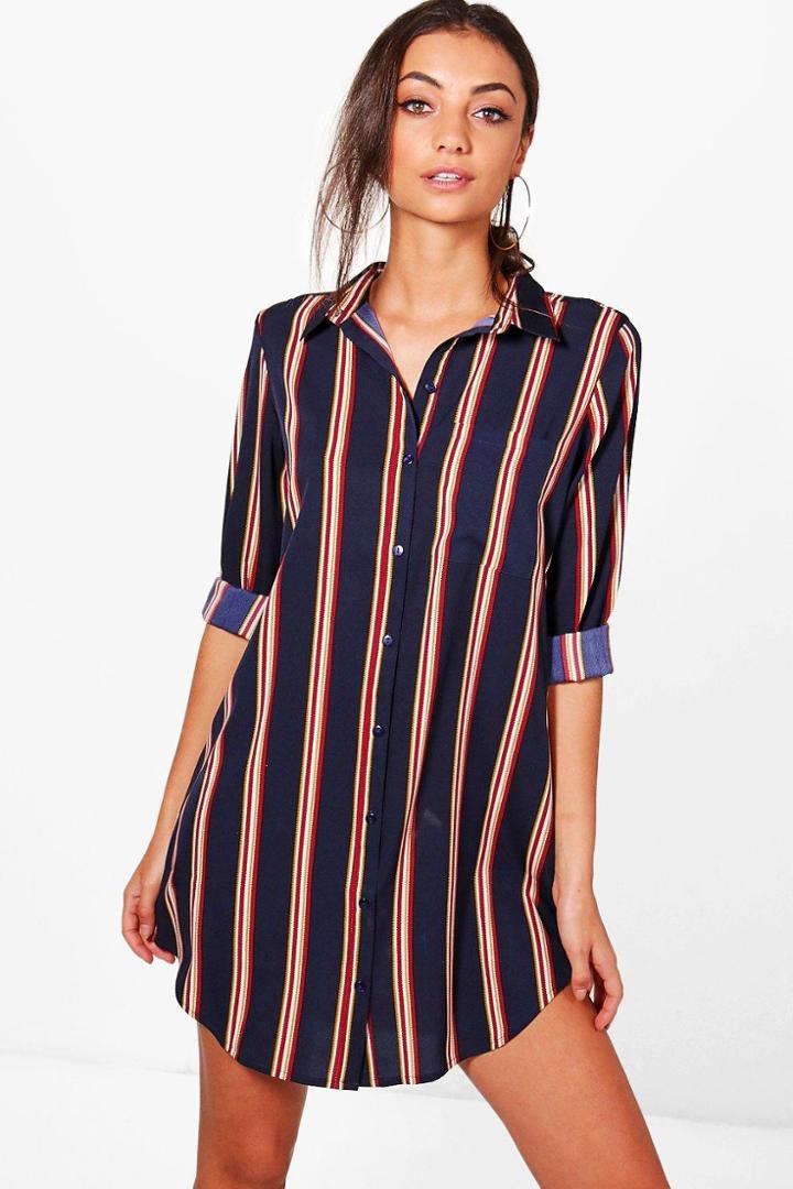 Boohoo Tall Sarai Printed Shirt Dress Navy