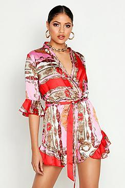 Boohoo Tall Chain Print Ruffle Wrap Playsuit