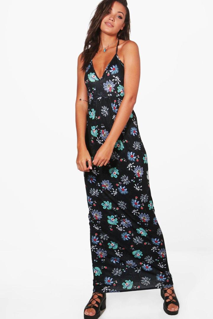 Boohoo Tall Willow Dark Floral Halter Maxi Dress Multi