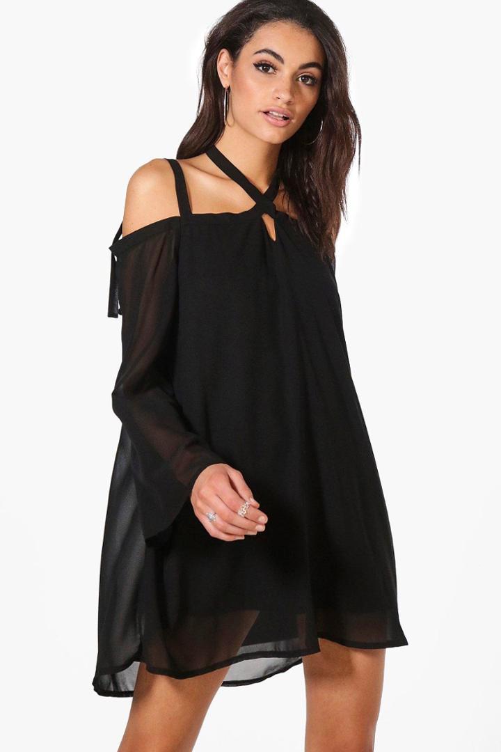 Boohoo Rhea Cold Shoulder Tie Detail Shift Dress Black