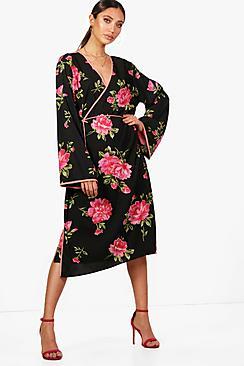 Boohoo Ola Oriental Piped Wrap Midi Dress